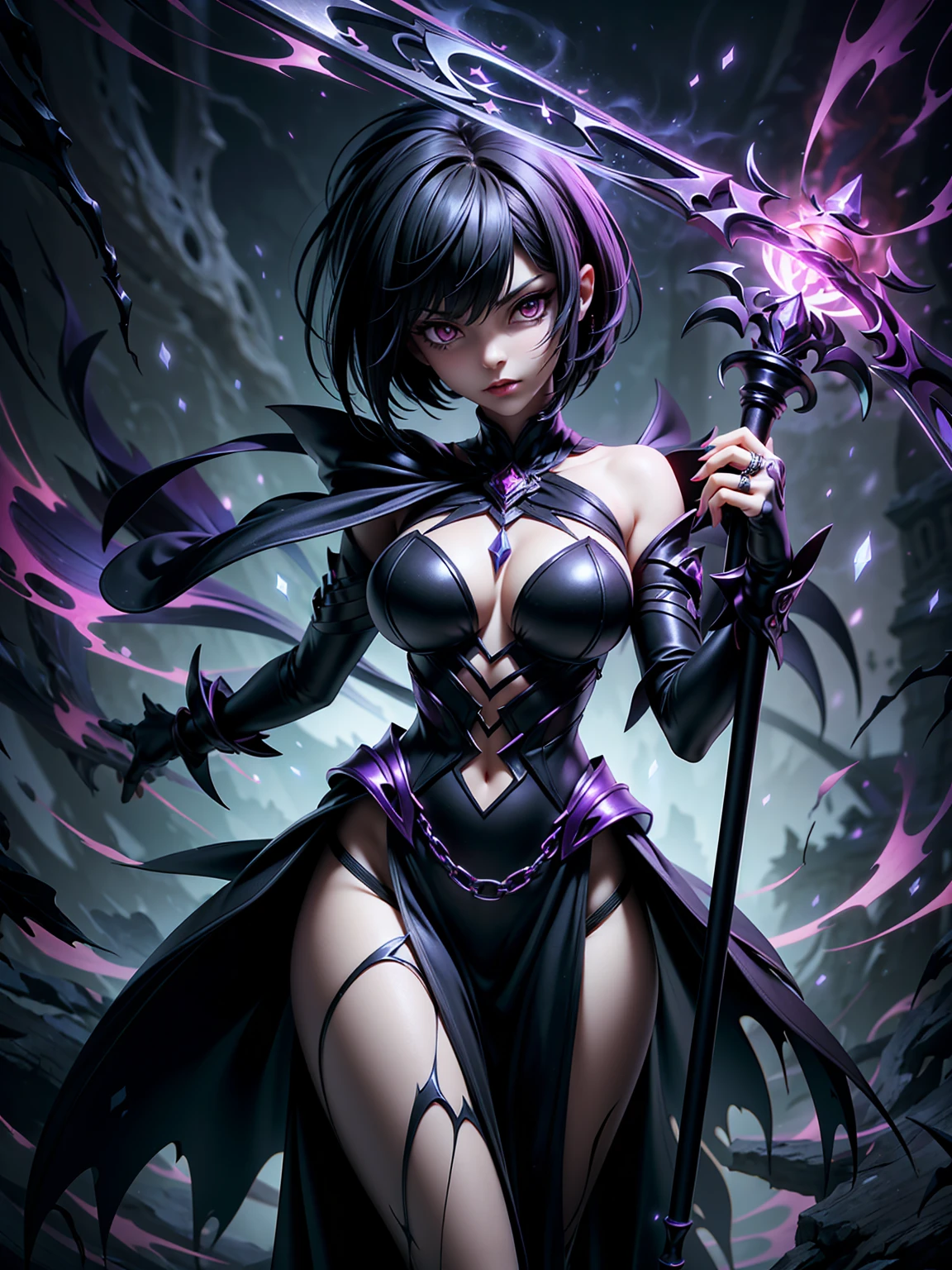 ((masterpiece, best quality, 8k))A captivating artwork of a darkly enchanting female character in a shadowy, magical setting. She wears dark and magical clothes in black and purple, perfectly matching her mysterious aura. Her short black hair and crimson eyes exude an intense beauty. She wields a dark staff, emanating a foreboding power.