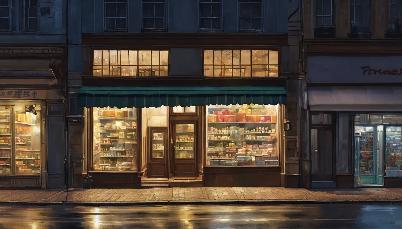 a store,the night,empty street,praise,realist