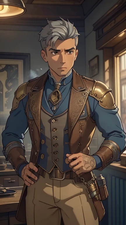 (European: Teens: 1male,clark,blue top,brown pant,brown jacket,StudioGhibliStyleHMC), (extremely detailed CG unit 8k wallpaper),(master part), (best quality), (ultra detail), (best illustration), (cinematic lighting), cowboy shot, (Sharp eyeliner, detailed eyes:1), dark steampunk indoors background, break , (steam4rmor), very short hair, grey hair