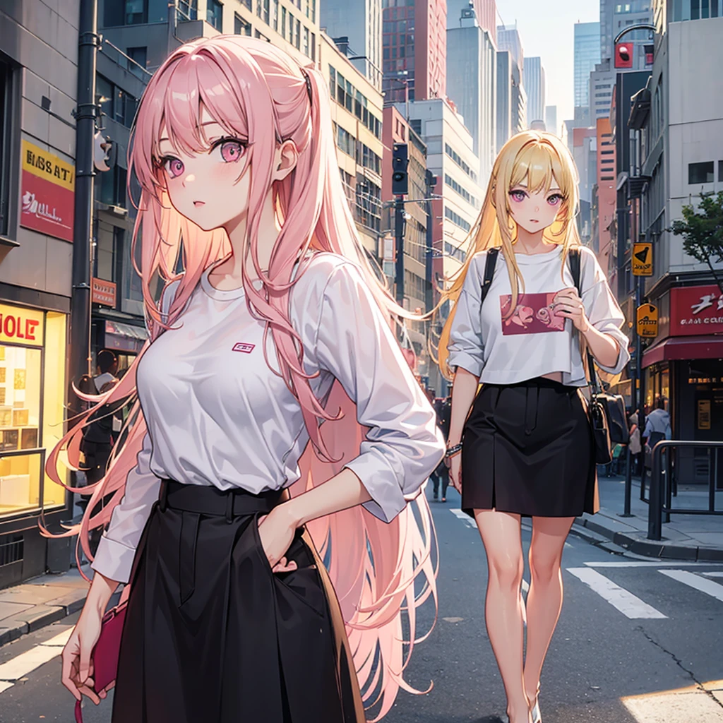(((Adult woman))), pink eyes, long blonde hair, casual clothes, city morning