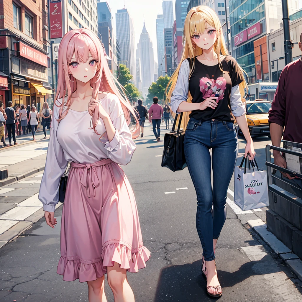 (((Adult woman))), pink eyes, long blonde hair, casual clothes, city morning