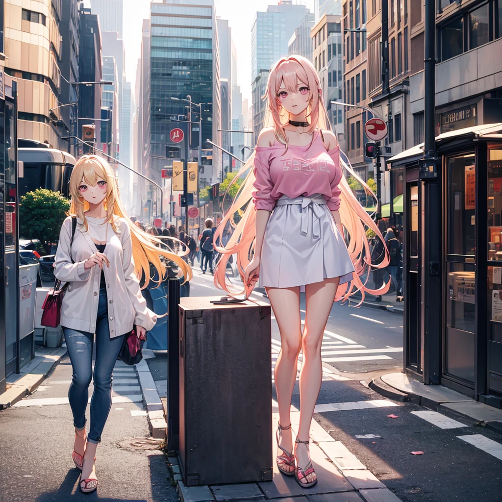 (((Adult woman))), pink eyes, long blonde hair, casual clothes, city morning