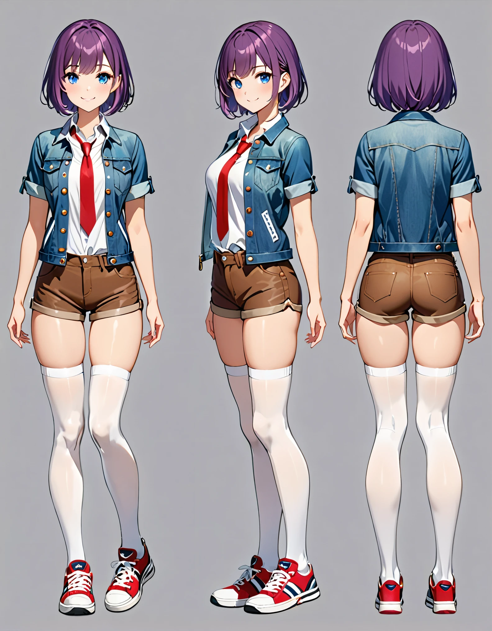 (masterpiece), (best quality), (highres), 1girl, solo, highly detailed, bangs, blue eyes, perfect eyes, beautiful detailed eyes, beautiful detailed face, cute face, perfect legs, perfect arms, perfect hands, complete fingers, perfect anatomy, perfect proportions, medium breasts, (brown shorts, short shorts), (white shirt, collared shirt), (denim jacket), looking at viewer, (red necktie), open clothes, outdoors, purple hair, shirt, shoes, short hair, short sleeves, shorts, smile, sneakers, casual, smile, single, standing, (white thighhighs, white legwear), full body with costume, Simple background, Multiple Views, Character Sheet Full-Length.
