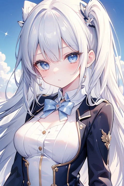 solo girl, 16 years old, upper body,standing,long hair,hair flowing with wind, looking at viewer, silver hair, blue eyes, sparkle eyes, blush, small bosom, , blazer, blue sky,tree,insanely detailed, absurdres, ultra-highres, ultra-detailed, best quality
,slender, kawaii, perfect symmetrical face, ultra cute girl, ultra cute face, ultra detailed eyes, ultra detailed hair, ultra cute, ultra beautiful
