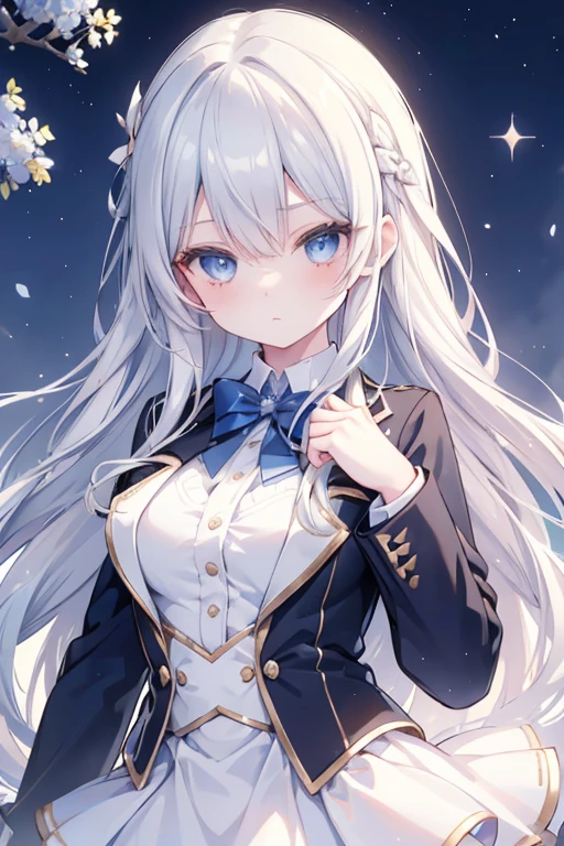 solo girl, 16 years old, upper body,standing,long hair,hair flowing with wind, looking at viewer, silver hair, blue eyes, sparkle eyes, blush, small bosom, , blazer, blue sky,tree,insanely detailed, absurdres, ultra-highres, ultra-detailed, best quality
,slender, kawaii, perfect symmetrical face, ultra cute girl, ultra cute face, ultra detailed eyes, ultra detailed hair, ultra cute, ultra beautiful