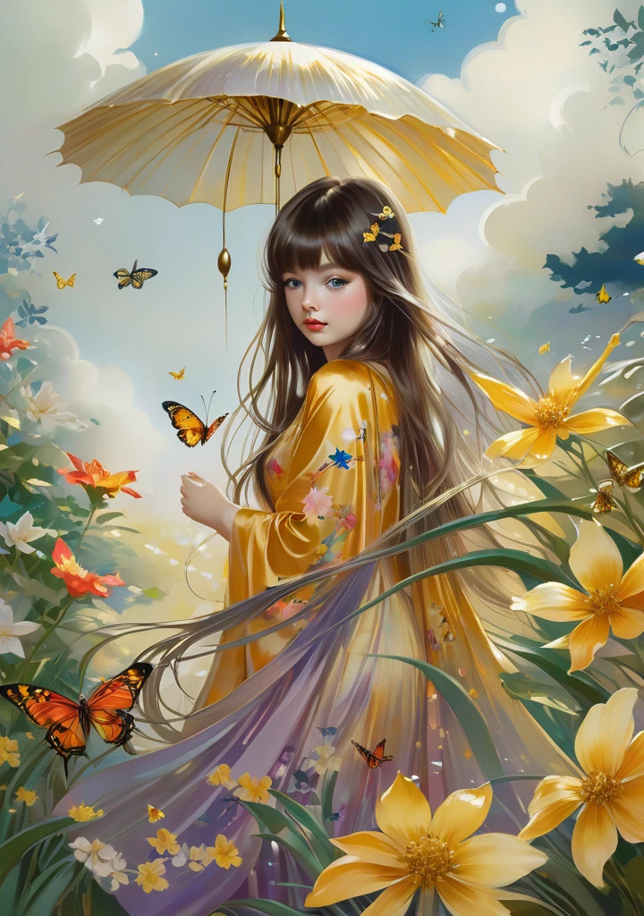 chiaroscuro technique on sensual illustration of an baby girl (((long hair with bangs:1.4、Beautiful bangs) , vintage ,silky dress, matte painting, by John Singer Sargent, by Harumi Hironaka, abstract background, (upper body:1.5), (highres:1.2,realistic:1.37),Girl in a magical garden, fairytale atmosphere, beautiful detailed eyes, long flowing hair, vibrant flowers, erflies fluttering around, golden rays of sunlight, soft and dreamy color palette, whimsical lighting, enchanting scenery, fantasy ambiance, surreal elements, ethereal beauty.