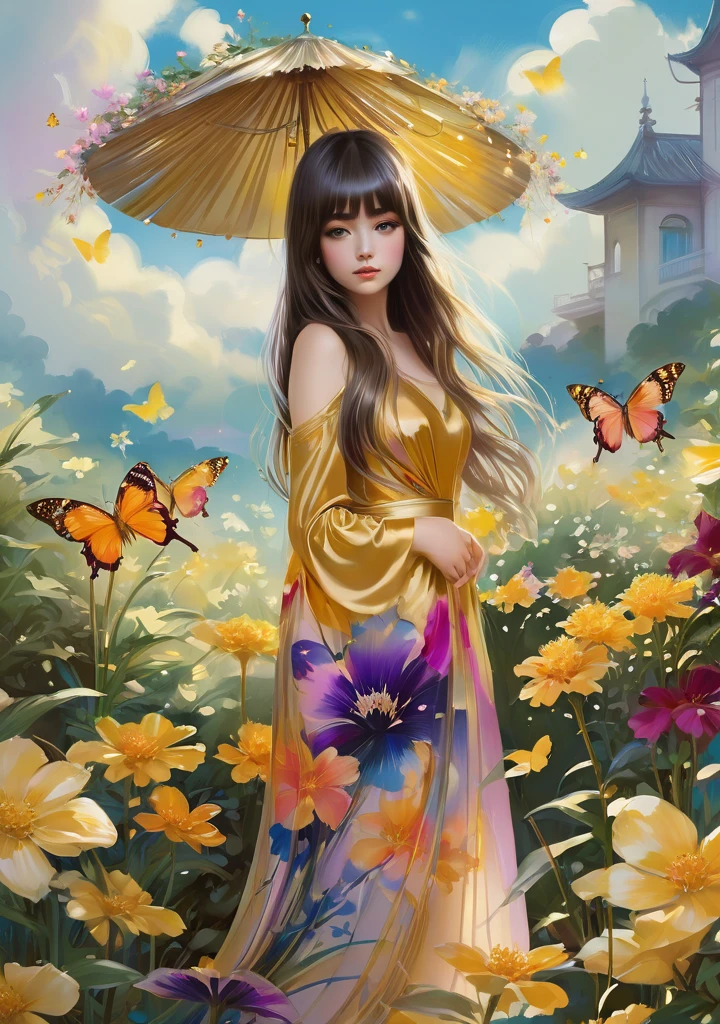 chiaroscuro technique on sensual illustration of an baby girl (((long hair with bangs:1.4、Beautiful bangs) , vintage ,silky dress, matte painting, by John Singer Sargent, by Harumi Hironaka, abstract background, (upper body:1.5), (highres:1.2,realistic:1.37),Girl in a magical garden, fairytale atmosphere, beautiful detailed eyes, long flowing hair, vibrant flowers, butterflies fluttering around, golden rays of sunlight, soft and dreamy color palette, whimsical lighting, enchanting scenery, fantasy ambiance, surreal elements, ethereal beauty.