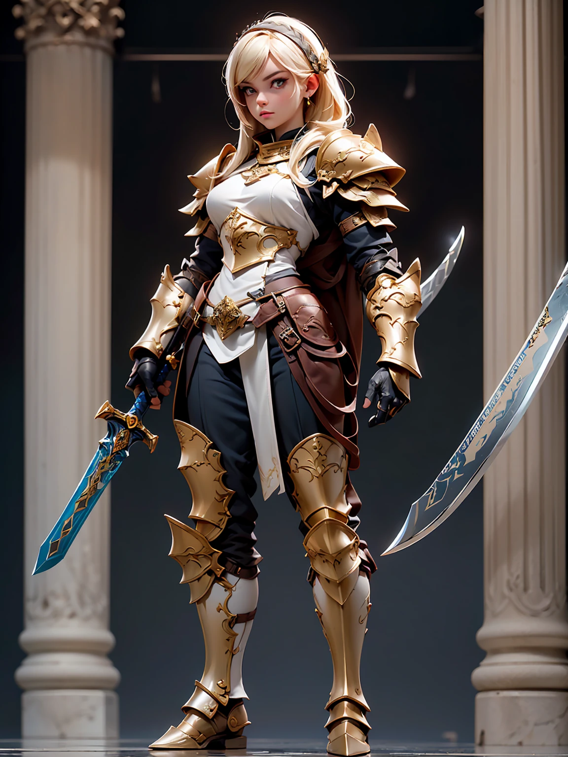 (((masterpiece, best quality, high detailed, 8k))) Design a layout showcase Gaming character, (1girl). valkyrie White|Blue|Gold armor, elegant and majestic. ((showcase weapon:1.4)), celestial sword. (masterpiece:1.2), (best quality), 4k, ultra-detailed. (Step by step design, layout art:1.5), (luminous lighting, atmospheric lighting). divine warrior, ((glove full hands)), (((regal armor:1.3))), shoulder pauldrons, armored boots, (((full_body_shot:1.4))). {In a radiant celestial realm}.