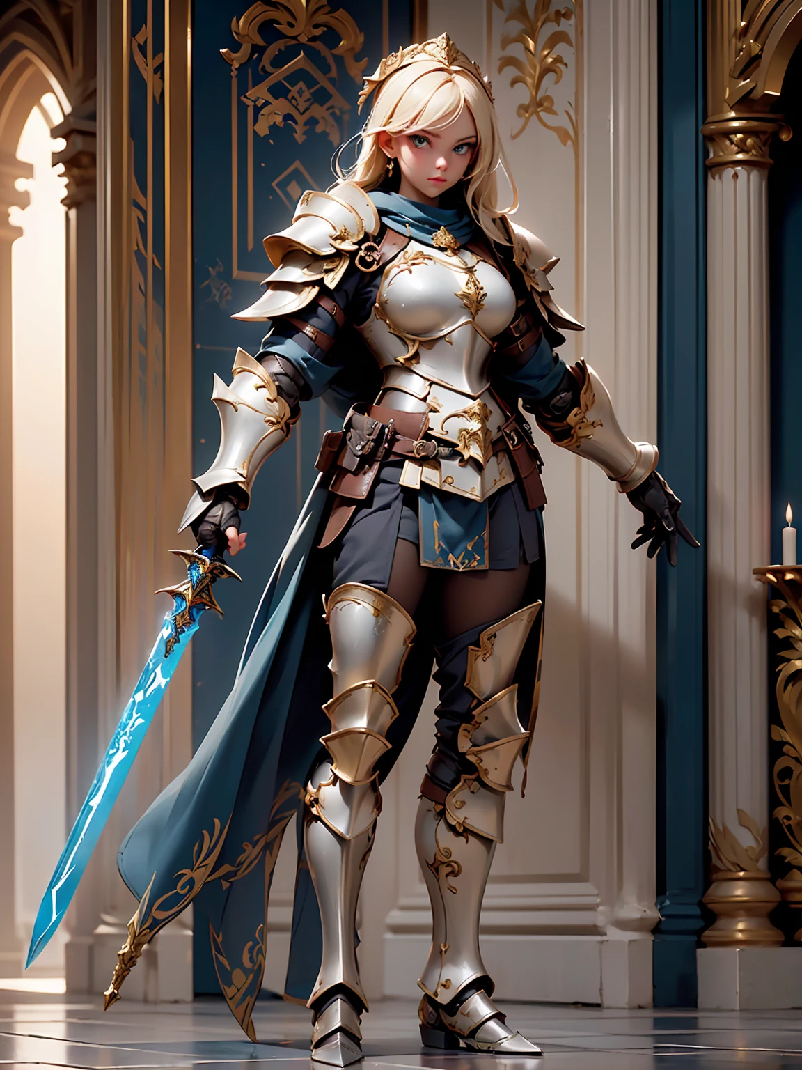 (((masterpiece, best quality, high detailed, 8k))) Design a layout showcase Gaming character, (1girl). valkyrie White|Blue|Gold armor, elegant and majestic. ((showcase weapon:1.4)), celestial sword. (masterpiece:1.2), (best quality), 4k, ultra-detailed. (Step by step design, layout art:1.5), (luminous lighting, atmospheric lighting). divine warrior, ((glove full hands)), (((regal armor:1.3))), shoulder pauldrons, armored boots, (((full_body_shot:1.4))). {In a radiant celestial realm}.