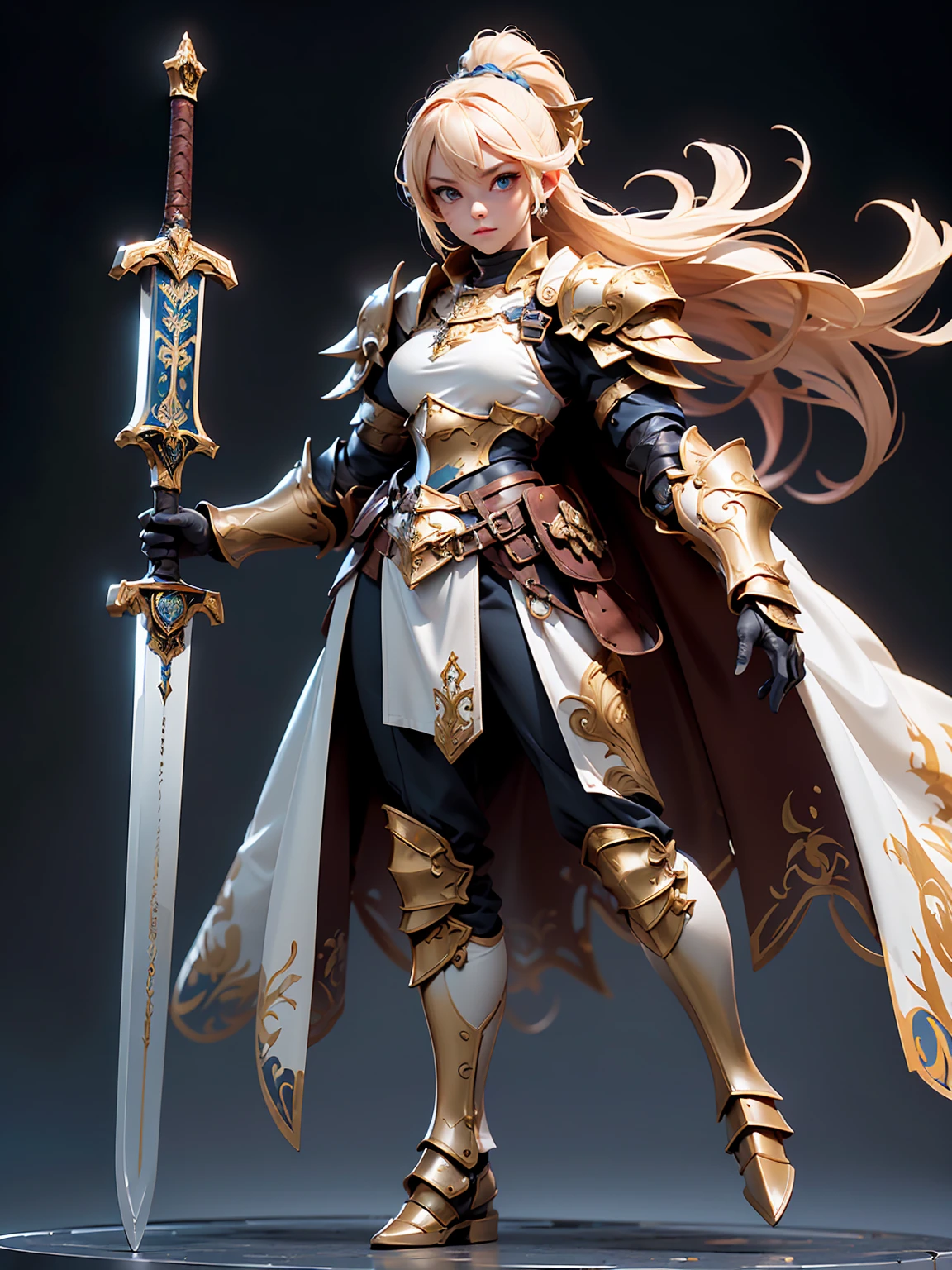 (((masterpiece, best quality, high detailed, 8k))) Design a layout showcase Gaming character, (1girl). valkyrie White|Blue|Gold armor, elegant and majestic. ((showcase weapon:1.4)), celestial sword. (masterpiece:1.2), (best quality), 4k, ultra-detailed. (Step by step design, layout art:1.5), (luminous lighting, atmospheric lighting). divine warrior, ((glove full hands)), (((regal armor:1.3))), shoulder pauldrons, armored boots, (((full_body_shot:1.4))). {In a radiant celestial realm}.