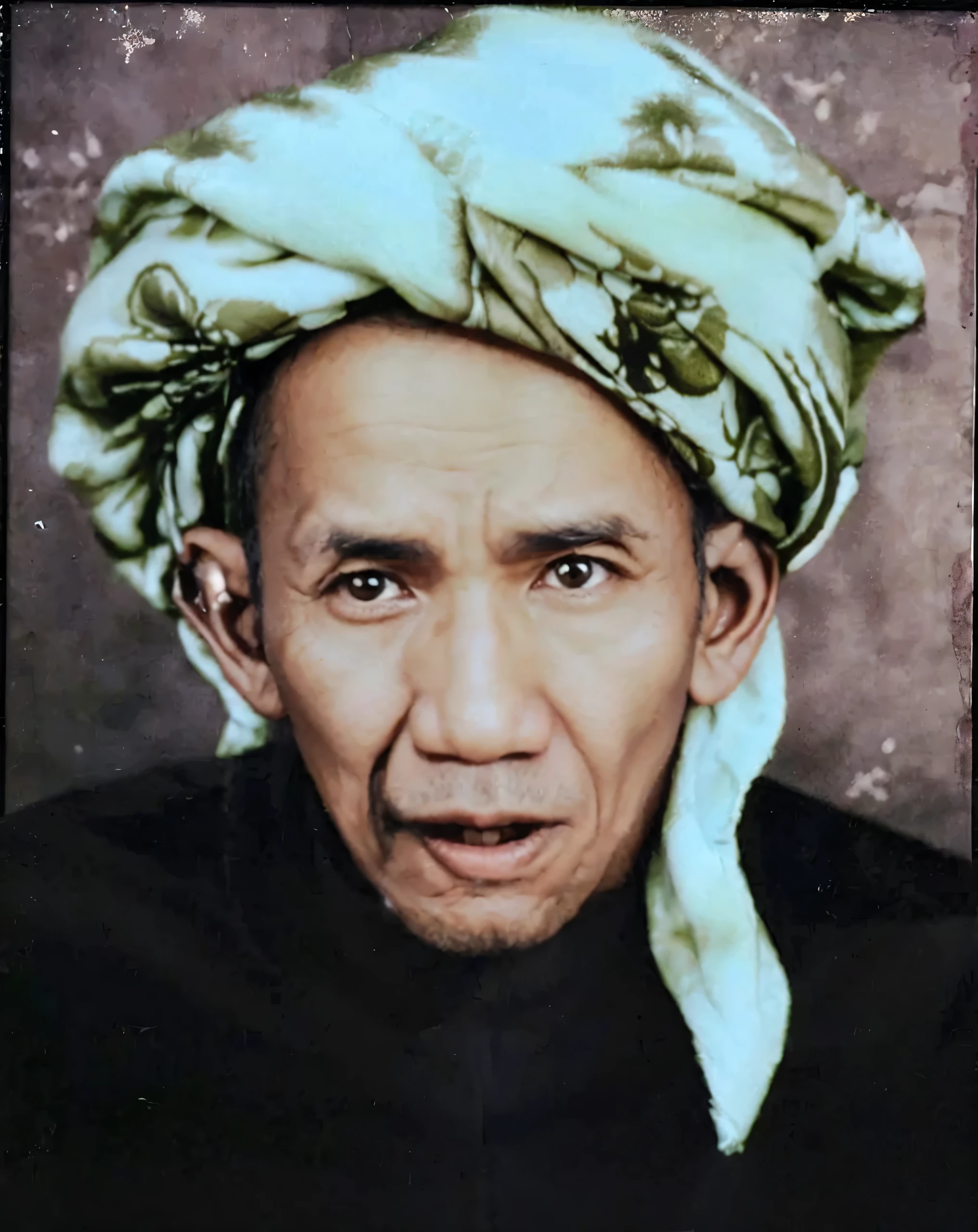 Indonesian Muslim man aged 70 years and over, brown skin, wrinkles according to his age. wearing a large gray turban with a pattern according to the picture, Islamic clothes, perhaps a black jacket and a black shirt. open mouth, thick lower lip, large nose, perhaps snub, clear clean eyes, slightly wide and large ears, oval face shape. maintain original facial expressions in the image, very realistic HD Quality.