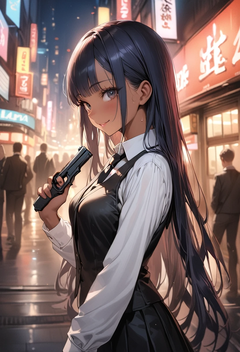 ((masterpiece,Highest quality:1.3,best quality illustration)),realistic,cowboy shot,1woman,(22 year old beauty),((very small head:1.4)),ideal ratio body proportions,dark blue hair,straight long hair,bangs,black eyes,gorgeous big eyes,smile,((tan skin,skinny)),(Black vest、Black tie、White collared shirt、Long sleeve、Black pleated mini skirt)),medium breasts,gleaming skin,slender body,sweat,A detailed depiction of a handgun in hand,on street,Shinjuku、Tokyo、