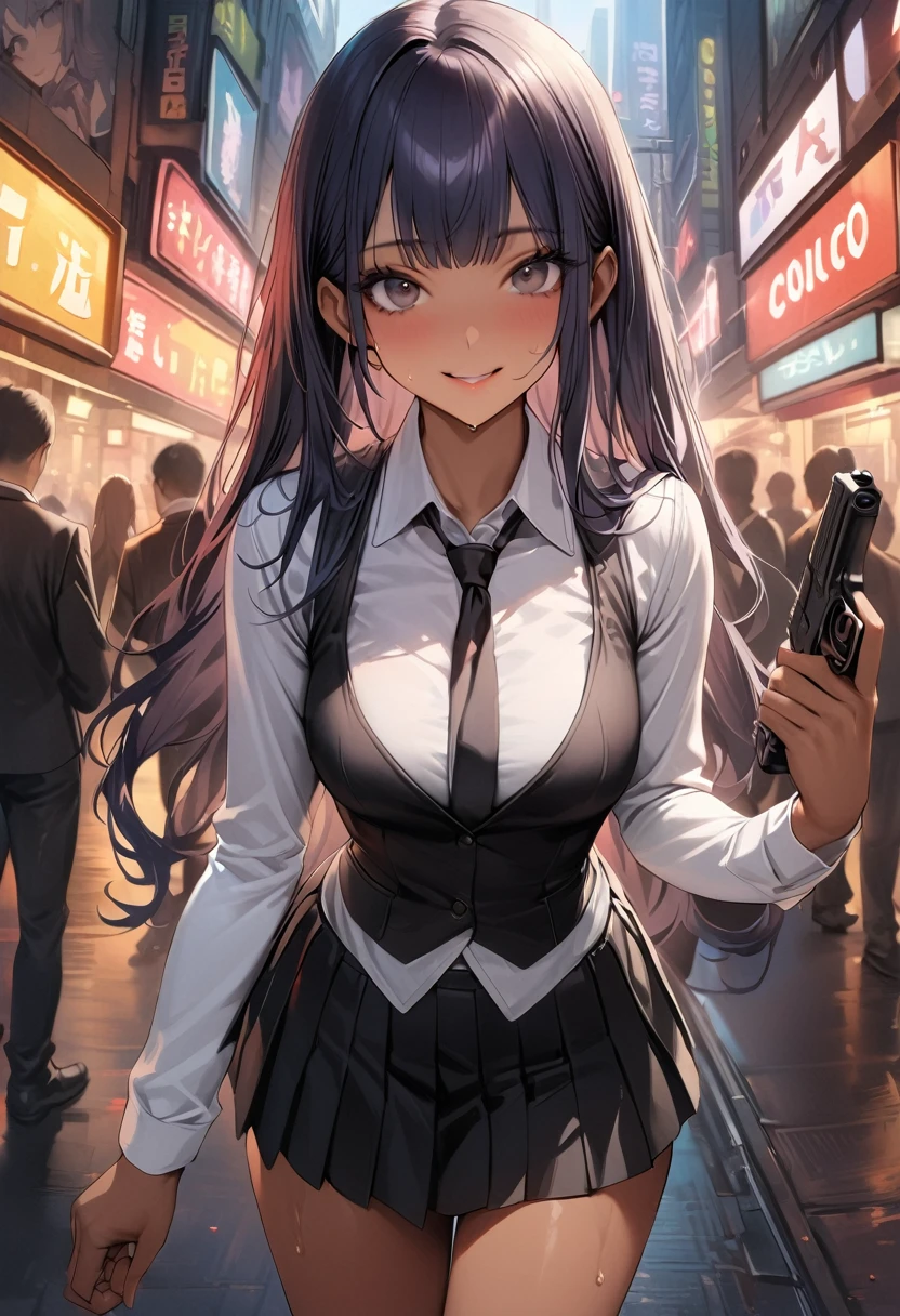 ((masterpiece,Highest quality:1.3,best quality illustration)),realistic,cowboy shot,1woman,(22 year old beauty),((very small head:1.4)),ideal ratio body proportions,dark blue hair,straight long hair,bangs,black eyes,gorgeous big eyes,smile,((tan skin,skinny)),(Black vest、Black tie、White collared shirt、Long sleeve、Black pleated mini skirt)),medium breasts,gleaming skin,slender body,sweat,A detailed depiction of a handgun in hand,on street,Shinjuku、Tokyo、