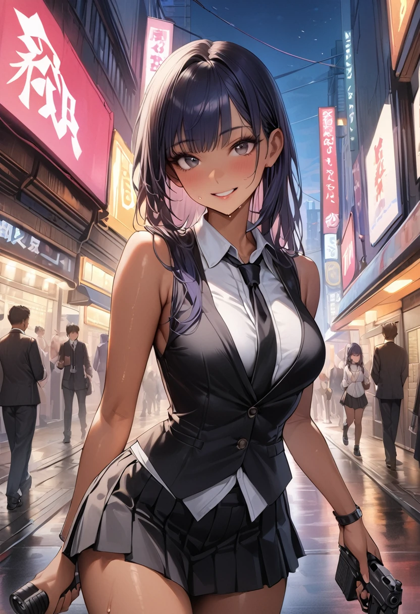 ((masterpiece,Highest quality:1.3,best quality illustration)),realistic,1woman、Private service female police officer,(20 year old beauty),((very small head:1.4)),ideal ratio body proportions,dark blue hair,straight long hair,bangs,black eyes,gorgeous big eyes,smile、((tan skin,skinny)),(Black vest、Black tie、White collared shirt、Long sleeve、Black pleated mini skirt)),medium breasts,gleaming skin,slender body,sweat,walk,on street,Shinjuku、Tokyo、