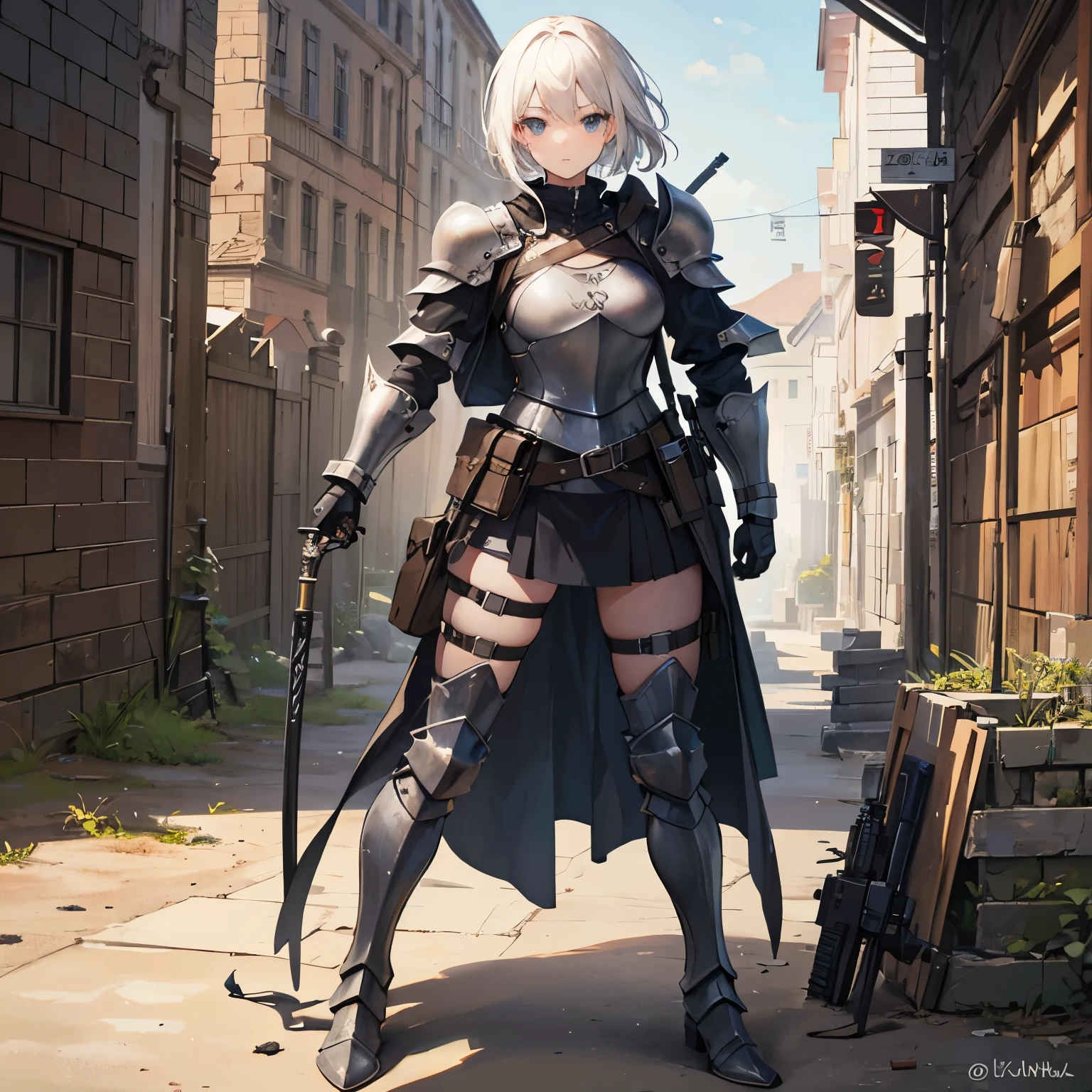 Tactical knight, light armor, tactical equipment, tactical straps, leather equipment, tactical accessories, knight accessories, 1girl, medieval background, tactical armored boots, knife sheath equipment, light protection, in mission