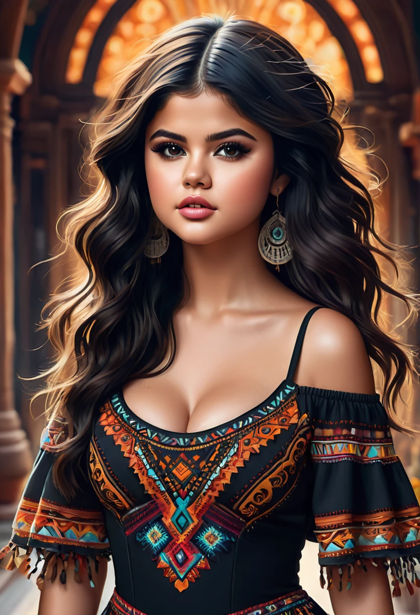 Beautiful boho women stunning merge of Selena Gomez. with southwestern style dress. . dark-black colored hair that is coarse, wiry, and tightly curled. It often has a rough texture, feels stiff to the touch, and may be prone to frizz and tangling. The curls can be densely packed. The Official Art – An Award-Winning Digital Masterpiece In 4K Ultra HD, Extreme Detail And Intricate Realism. symmetrical face. This Concept Art Brought To Life By The Hands Of Artists Like Wlop & Artgerm In A Stunning 2D Vector Illustration. large, perky, full, vuluptious, symmetrical and spherical breasts. Background is a panoramic vista.
