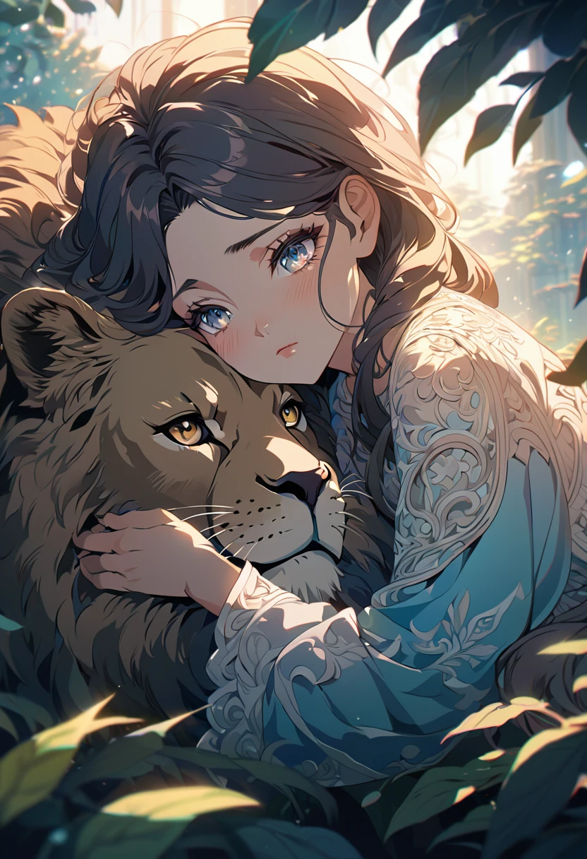 A crouching girl with a sad expression, a large lion comforting her, intricate detailed face, beautiful eyes, long eyelashes, delicate features, detailed skin texture, ornate background, sunlight filtering through leaves, cinematic lighting, vibrant colors, fantasy art style, highly detailed, 8k, style anime, large space, 4k, vivid colors