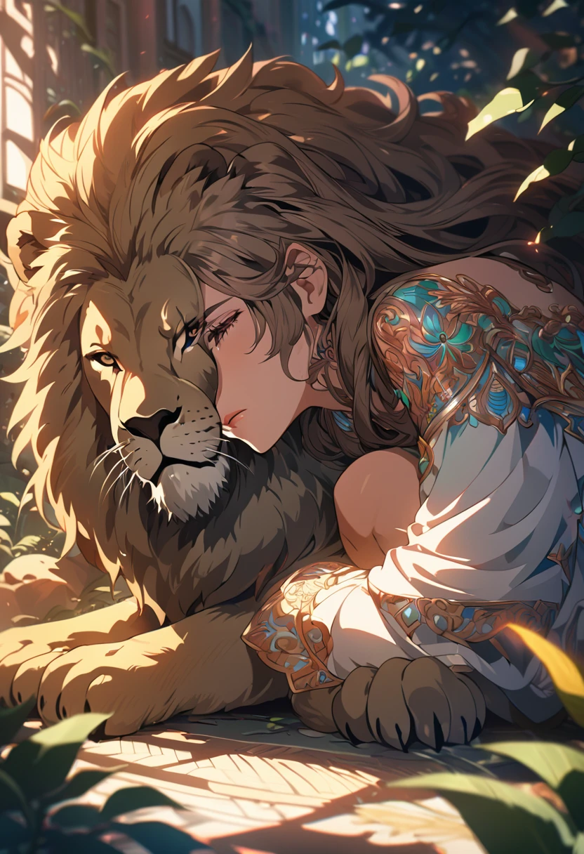 A crouching girl with a sad expression, a large lion comforting her, intricate detailed face, beautiful eyes, long eyelashes, delicate features, detailed skin texture, ornate background, sunlight filtering through leaves, cinematic lighting, vibrant colors, fantasy art style, highly detailed, 8k, style anime, large space, 4k, vivid colors
