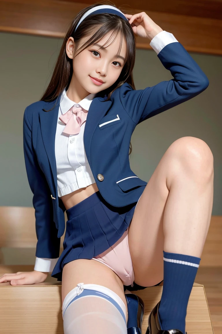 (8k), (Highest quality: 1.2), (Realistic), (Realistic: 1.37), Ultra-high resolution, 1 girl, cute, (A shy smile:1.2), (blush:1.4),Mouth closed, Beautiful details, Beautiful Nose, Silky Hair, Thighs,Navel exposed,Cheerleader,A simple dark blazer,Pleated skirt,Platform boots,Dancing on the school stage,(Shiny Thighs:1.2),Medium Shot,(Blue Over the Knee Socks:1.2),(hair band:1.2)、Angle from below、Please stretch your legs and rest., Naked Vagina,Sex、Ass Focus、Small breasts