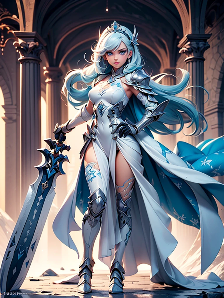 (((masterpiece, best quality, high detailed, 8k))) Design a layout showcase Gaming character, (1girl). White|Blue clothes, stylish and unique. ((showcase weapon:1.4)), ice spear. (masterpiece:1.2), (best quality), 4k, ultra-detailed. (Step by step design, layout art:1.5), (luminous lighting, atmospheric lighting). ice queen, ((glove full hands)), (((revealing clothes:1.3))), vambraces, armored legwear, (((full_body_shot:1.4))). {In an icy cavern}.