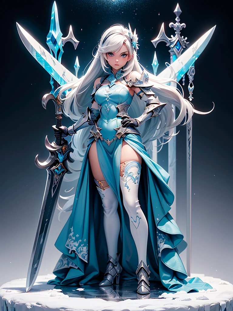 (((masterpiece, best quality, high detailed, 8k))) Design a layout showcase Gaming character, (1girl). White|Blue clothes, stylish and unique. ((showcase weapon:1.4)), ice spear. (masterpiece:1.2), (best quality), 4k, ultra-detailed. (Step by step design, layout art:1.5), (luminous lighting, atmospheric lighting). ice queen, ((glove full hands)), (((revealing clothes:1.3))), vambraces, armored legwear, (((full_body_shot:1.4))). {In an icy cavern}.
