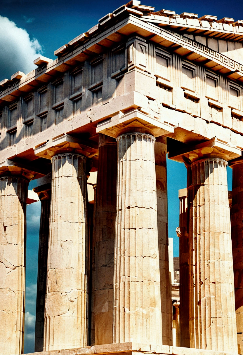 (Ancient Greek Art), Temple architecture, The Parthenon, full shot, award-winning, cinematic still, emotional, vignette, dynamic, vivid, (masterpiece, best quality, photorealistic, Professional, perfect composition, very aesthetic, absurdres, ultra-detailed, intricate details:1.3)