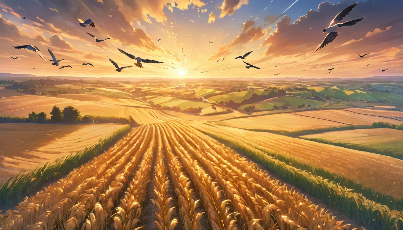 1 flock of migrating birds flying over wheat field, bird's eye view, anime style, detailed feathers, dynamic wing movements, golden hour lighting, ethereal atmosphere, vibrant colors, serene landscape, atmospheric depth, photorealistic, masterpiece, 8k