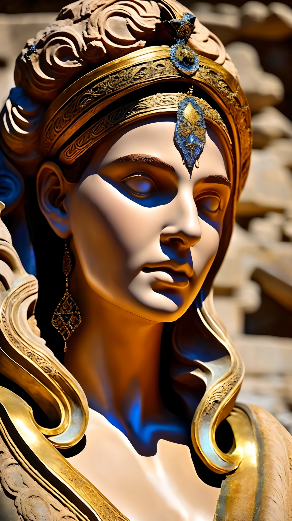 a detailed stone carving of an ancient greek warrior on a temple wall, highly detailed, hyperrealistic, photorealistic, 8k, extremely detailed facial features, muscular body, heroic pose, cold blue and grey color tones, dramatic lighting, chiaroscuro, classical greek architecture, crumbling stone, moss and vines, intricate details, masterpiece
