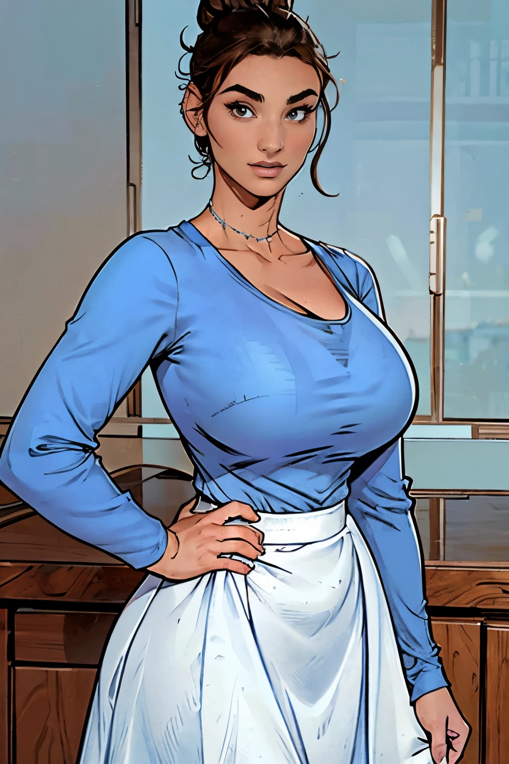 Gorgeous and sultry busty athletic (happy) brunette with sharp facial features, athletic bun, large breasts and a (large nose) wearing a loose light blue top, low-cut wide neck, loose sleeves, white skirt