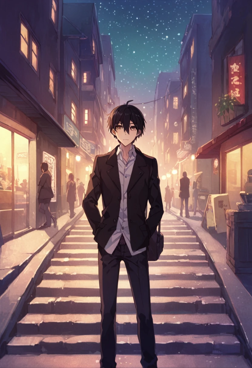 good looking, alone, 1 male, High resolution, Super detailed、mesh、Early 20s、Black Hair、tall、Calm atmosphere、Intellectual atmosphere、Mysterious atmosphere、In town、Looks good at night、Jacket、Casual clothing、Eyes that reflect the night sky、