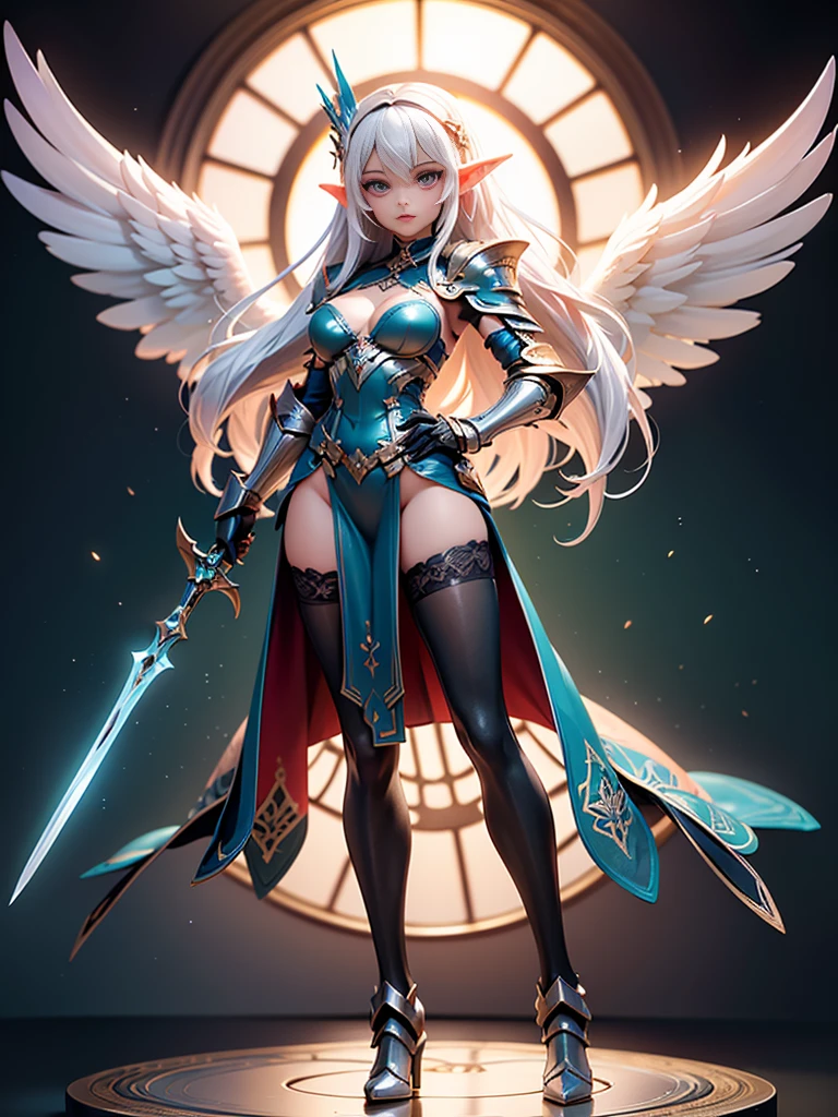 (((masterpiece, best quality, high detailed, 4k))) Design a layout showcase Gaming character, (1girl). Purple|Black clothes, stylish and unique. ((showcase weapon:1.4)), holy majestic spear. (masterpiece:1.2), (best quality), ultra-detailed. (Step by step design, layout art:1.5), (luminous lighting, atmospheric lighting). arcane elf, ((glove full hands)), (((revealing clothes:1.3))), vambraces, armored legwear, (((full_body_shot:1.4))). {In a mystical library}. (zentangle, mandala, tangle, entangle), (fractal art:1.3), maxiskirt, dress conservatively, (elf:1.2), solo, full body, wide shot, standing with white boots, holding spear down, blunt bangs, hair between eyes, white hair, golden eyes, long hair, elf ears, Valkyrie white armor, angel, chest protector, side bang, from front, extra size body, night, mountain, looking at viewer, dynamic pose, art style by Artgerm, by Kawacy, by Wadim Kashin, BREAK, eyelashes, eyeshadow, pink eyeshadow.