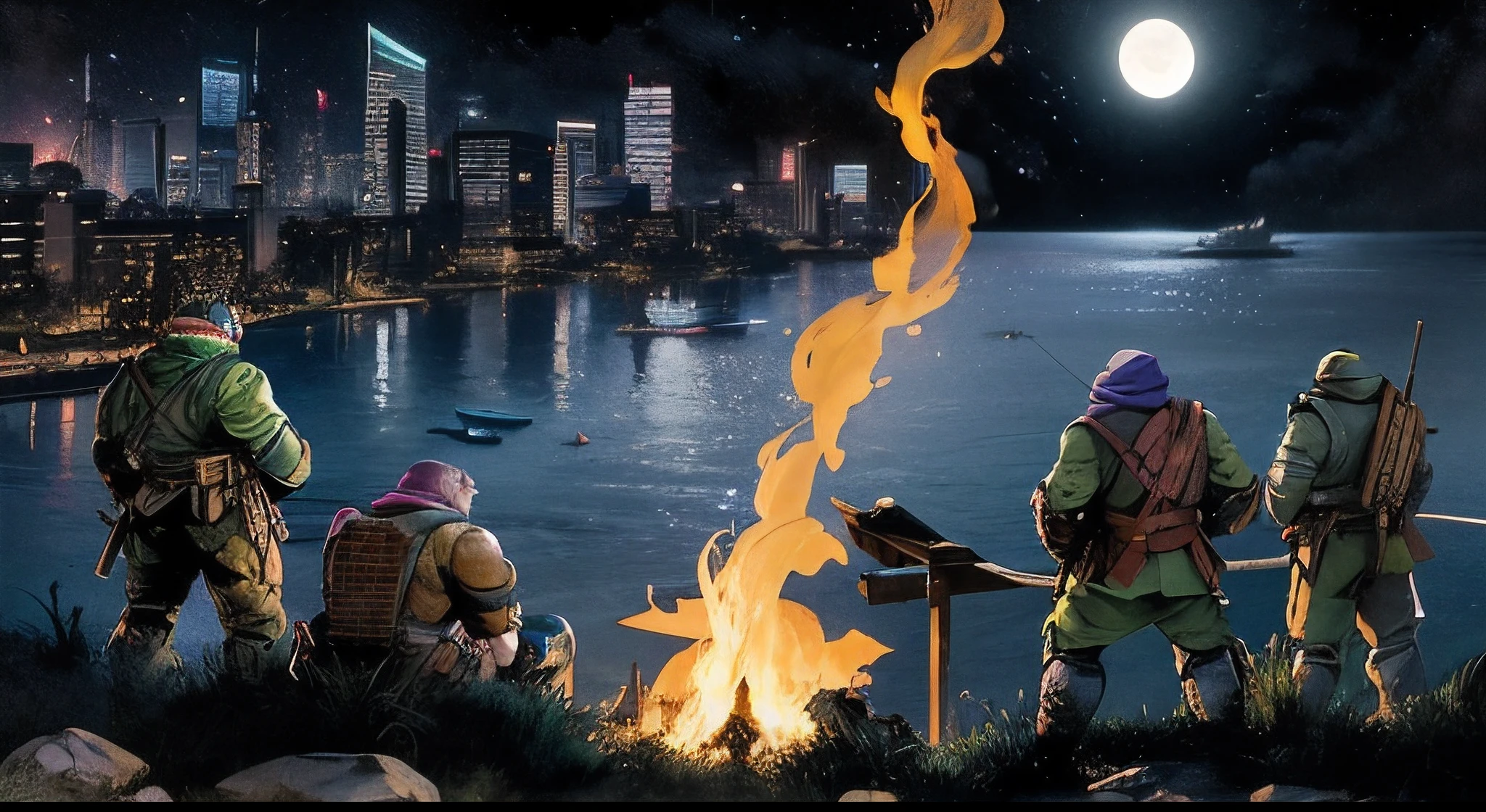 "Four Ninja Turtles (Leonardo, Michelangelo, Donatello, and Raphael) seen from behind, looking at a lake with a small burning boat in the middle of the lake. The scene conveys a sense of farewell. Next to the turtles, on the left, is Daredevil's head, also observing the scene. In the background, a city skyline with illuminated skyscrapers and neon lights is visible, standing behind the lake. The image should be in 4K resolution."