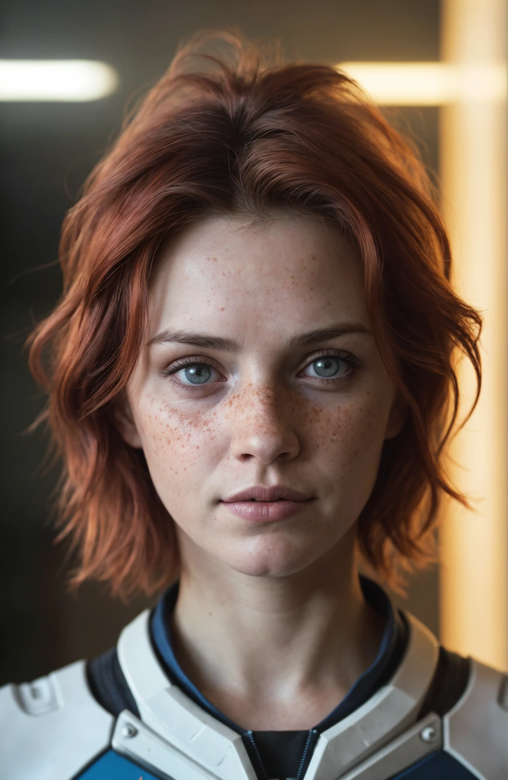 (Close-up, editorial photograph of a 21 year old woman), (highly detailed face:1.4) (smile:0.7) (background inside dark, moody, private study:1.3) POV, by lee jeffries, nikon d850, film stock photograph ,4 kodak portra 400 ,camera f1.6 lens ,rich colors, hyper realistic ,lifelike texture, dramatic lighting , cinestill 800, wavy hair, messy hair, short hair, commander Shepard haircut, Serious smirk, Red hair, Blue Eyes, freckles, White Skin, Halo Suit, Sci Fi, Cyberpunk, Futurism, Mass Effect, Astral Plane, European expressions, European woman, European skin, Athletic body