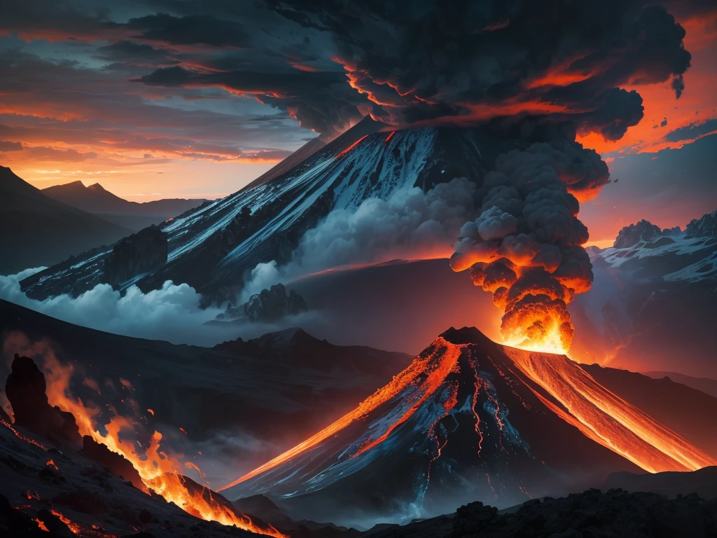 a majestic volcano erupting, dramatic sky with dark clouds, molten lava flowing, thick smoke billowing, rugged rocky landscape, powerful nature, cinematic lighting, warm color palette, (best quality,4k,8k,highres,masterpiece:1.2),ultra-detailed,(realistic,photorealistic,photo-realistic:1.37),cinematic,dramatic,epic,stunning,awe-inspiring