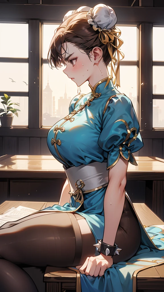 {{masterpiece}}, {{{Highest quality}}},{{Very detailed}},sf2 to,Chunli,Sitting in a chair in an office with a serious expression,profile,from side,Cowboy Shot,Focus on legs｛{{Sitting in a chair in an office with a serious expression成熟した女性}}｝,{{疲労でSweatをかいている成人女性}},Sweat,Hold the arm with one hand　,sit,{{Blushing}},{{V-shaped eyebrows}},{{Blue clothes}}{{Blue clothes}},{{puffy short sleeve}},Brown leggings,Brown tights{{{Blue Chinese dress with gold lines}},{Bunhead}},{{ Brown pantyhose}},{椅子にsit}},{},, ,{{spike bracelet}},{{Tied Hair}},,{{Thin legs}},{{White belt}},,Slender body}}{{ blue pelvis curtain}}, White boots, sash,, ,,blush,Wrinkles ,amount,Grit your teeth,suffering,v-shaped eyebrows.,Sweat dripping,Medium chest ,get annoyed,,Inside the office,Bun Head