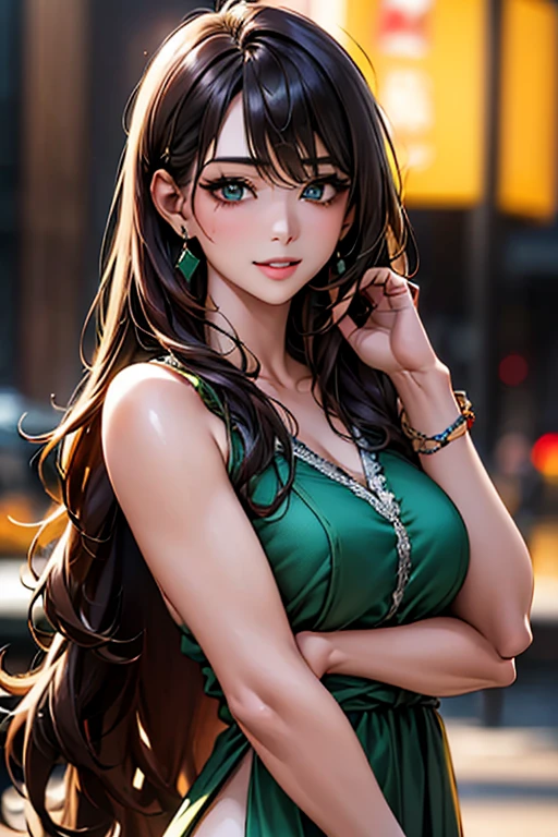 ((Highest quality)),(超High resolution),(Very detailed),(Detailed Description),((The best CG)),(masterpiece),Ultra-detailed art、(Highest quality、8k、32K、masterpiece)、(Realistic)、(Realistic:1.2)、(High resolution)、Very detailed、Very beautiful face and eyes、1 female、((:1.3))、Tight waist、Delicate body、(Highest quality、Attention to detail、Rich skin detail)、(Highest quality、8k、Oil paints:1.2)、Very detailed、(Realistic、Realistic:1.37)、Bright colors、A beautiful woman in her mid-twenties working in Ginza at night。((Long hair with loose waves:1.6、Put one side over your ear。))。The makeup is natural、Enhances natural beauty。((A sleek emerald green maxi dress with a deep V-neck。Side slits。Diamond drop earrings and matching bracelet。))。The neon lights of Ginza shine in the background.、It creates the atmosphere of a night town.。The style is realistic、Has a photo-like texture。She has a confident look、Smiling at the camera。