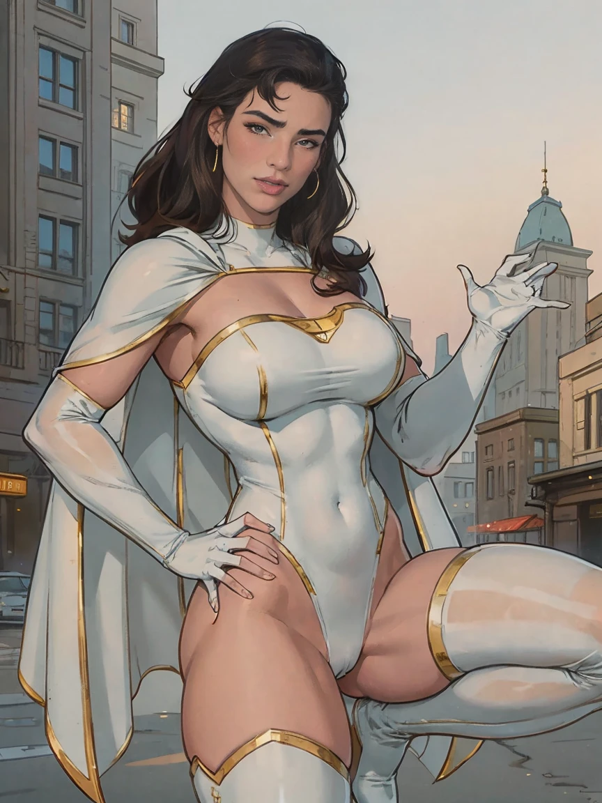 Gorgeous and sultry busty athletic (thin) brunette with sharp facial features wearing a white and gold superhero leotard, cape, gloves, thigh-high boots. Standing, city street.