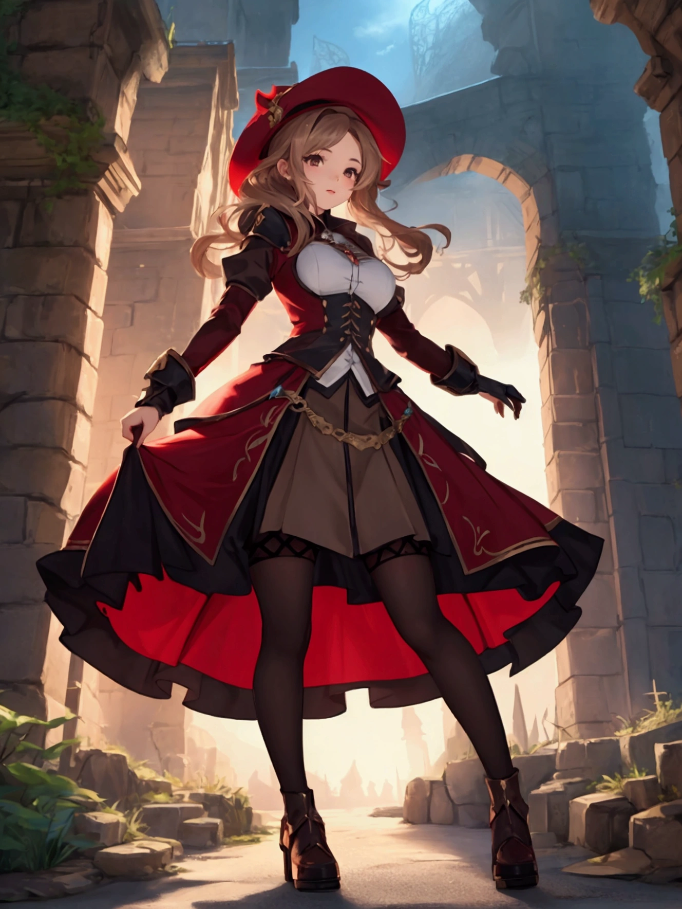 8k, Highest quality, (Fantasy), 1 girl,The skirt and hat are red