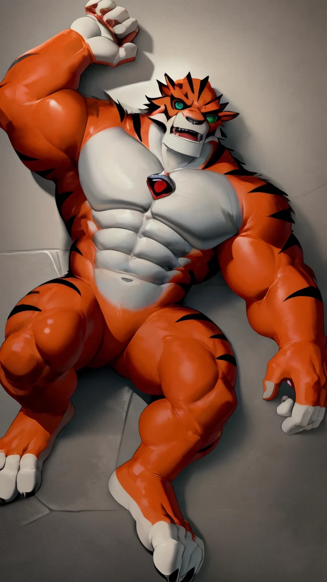 best quality,1boy,solo,muscular male,hi res,8k hd,looking at viewer,arms_raised,(by cartoon-network,takahirosi:1.5),masterpiece,best quality,(rath_(ben_10),orange skins):0.9,solo,hi res,8k hd,((nudiest:1.7)),green eyes,full body shot,((show legs&feet)),white background,(((rugged body,wide_chest,wide_abs,wide_legs,wide_feet,big muscular,better eyes,better pupils))),laying_down