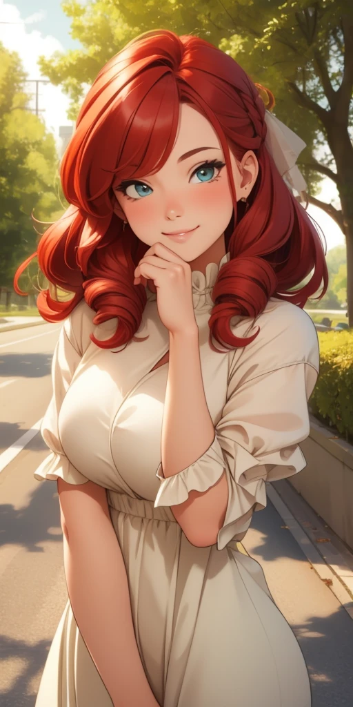 best quality, ultra-detailed, photorealistic: 1.39) masterpiece, best quality, Beautiful trees, flowers and roses, red hair, shy smile, making a shy expression, hairstyle, on the road, puffy clothes
