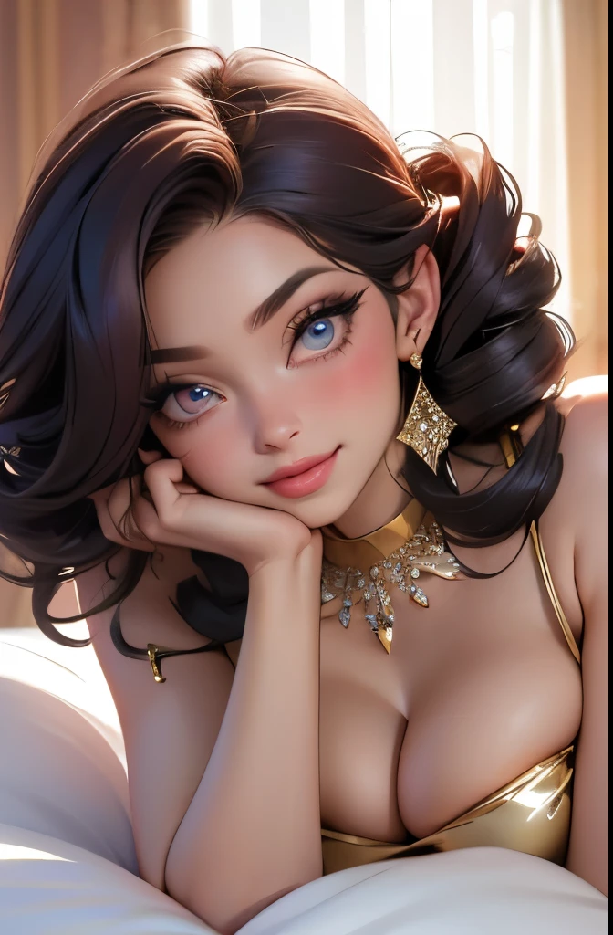 full body, extreme curls hair, luxurious hair, lustful eyes, open mouth smile, aroused 25 years old, playfully aroused, dripping with desire, busty cleavage, pajamas, slim waist, posing by the bed, coy smile with open parted lips, (blushing:1.3), looking lovingly at the viewer, seductive eyes, facing the viewer, bedroom background, champagne, in love (pov), LOVING GESTURE, glowing eyes, chocker, earrings, nsfw,