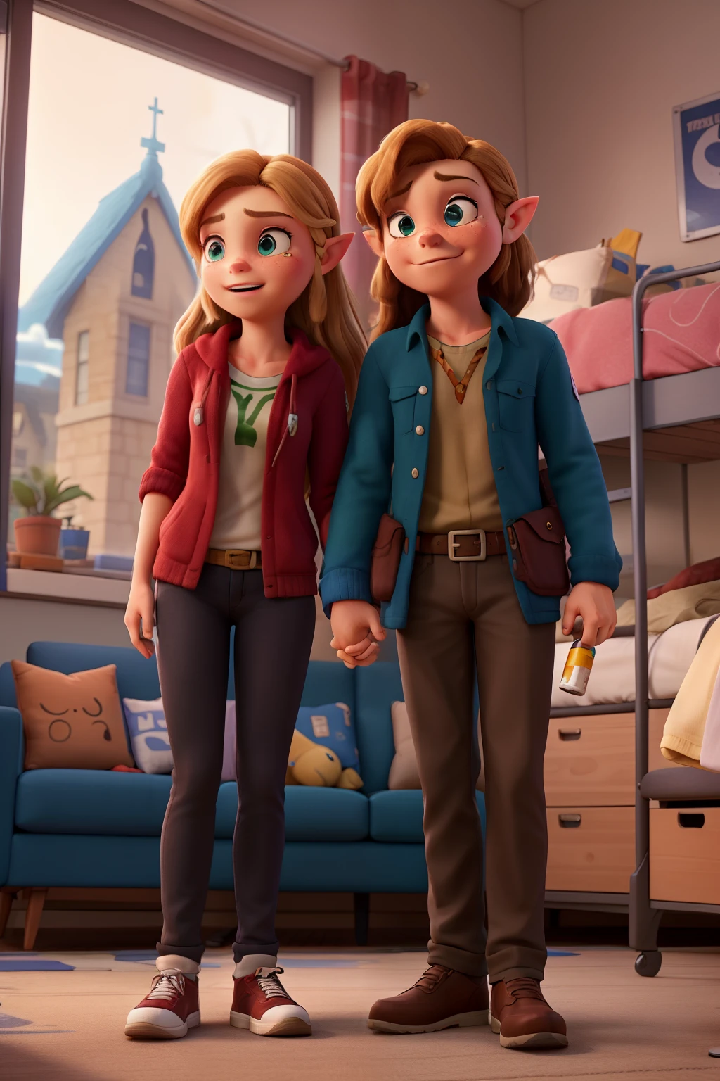 Zelda and link from tears of the kingdom in college dorm room smoking ciggarettes and watching tv at night in dorm on couch