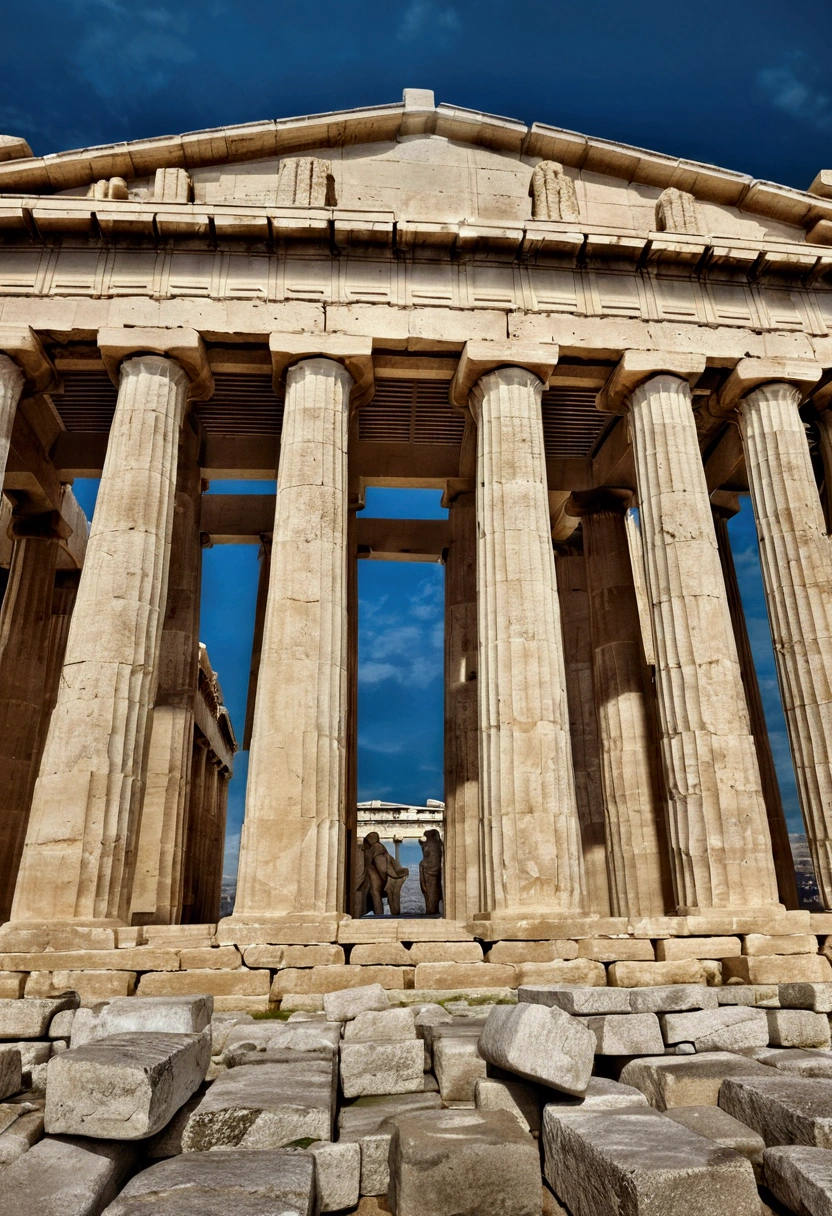 (Ancient Greek Art), Temple architecture, The Parthenon, panorama view, full body, award-winning, cinematic still, emotional, vignette, dynamic, vivid, (masterpiece, best quality, photorealistic, Professional, perfect composition, very aesthetic, absurdres, ultra-detailed, intricate details:1.3)