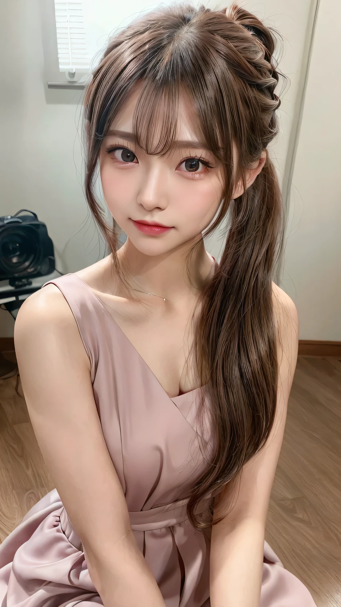 Pink dress features a sleeveless, fitted bodice with a decorative ribbon at the waist,Commercials for luxury cosmetics style,Commercial filming studio,The background is all gray,Ultra-detailed, finely detail, hight resolution, 8K Wallpaper, Perfect dynamic composition, Beautiful detailed eyes,Close-up of face,,Blushing,Facing forward,Long hair ponytail,((8k, Raw photo, Best Quality, Mastepiece:1.2), (Realism, Photorealistic:1.4), (Highly detailed 8K wallpapers), Depth of written boundary, Cinematic Lighting, Soft Light, Detailed Beauty Eye,Shiny and smooth light brown ponytail, Asymmetrical bangs, Shiny skin, Ultra-detailed skins ,It is high resolution., High detail, Detailed hairstyle, Detailed facial beauty, Hyper-realistic, Perfect limbs, Perfect Anatomy ,1 Japanese girl,Famous Japanese Idols, Perfect female body,A shy smile,Short eyelashes,Double-edged eyelids,Look straight here,Hair style: ponytail,
