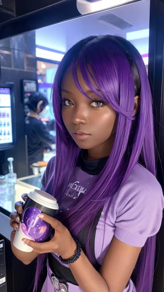 Futuristic Girl, Dark Skin, Purple eyes, space, Purple Hair, Blue Hair, Pink Hair, Long Hair, Dark Skin, Futuristic Coffee Shop