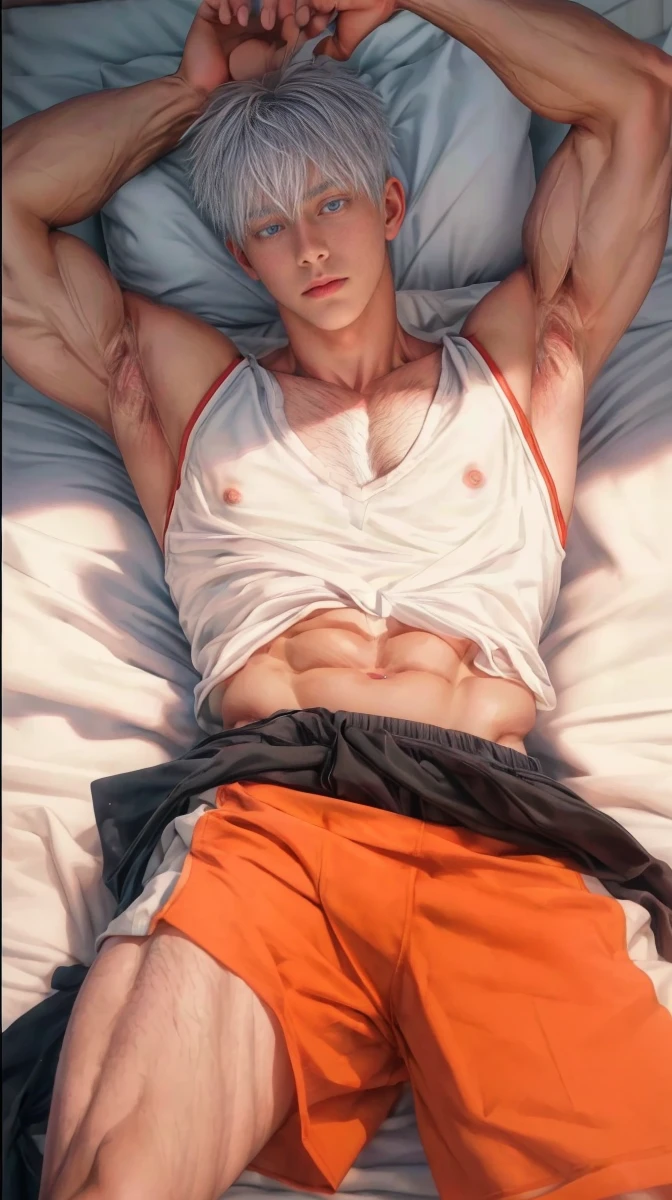 1boy, adult, handsome, perfect face, detailed eyes and face, clean shaved, muscular, capturing a rural atmosphere, dynamic lighting, unreal engine 5, hd picture, satoru gojo, white hair, short hair ,hair between eyes ,blue eyes, white skin, milk pink nipple details, bed mattress details