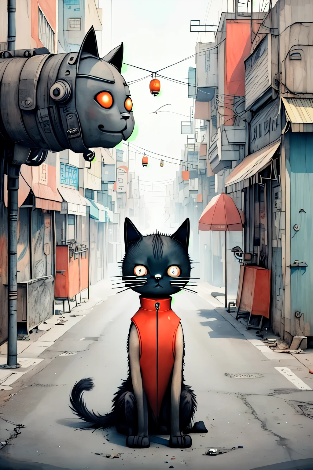 Tonghua Town, No humans, Cat, cyber punk, masterpiece, 8k, High resolution, Shallow depth of field, Sharp focus、Summer clothes