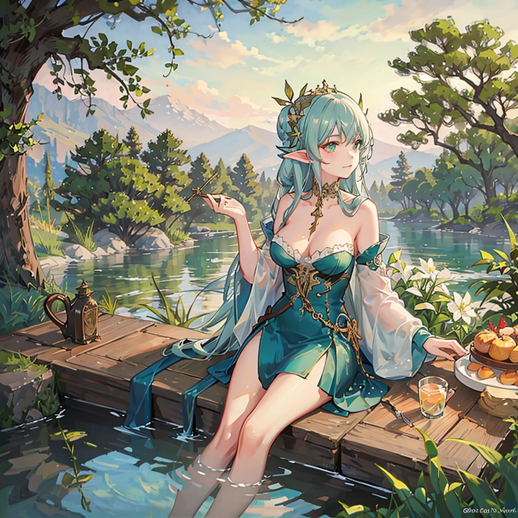 Beautiful elven women bathing and frolicking in a lake surrounded by greenery、sunset、Close-up
