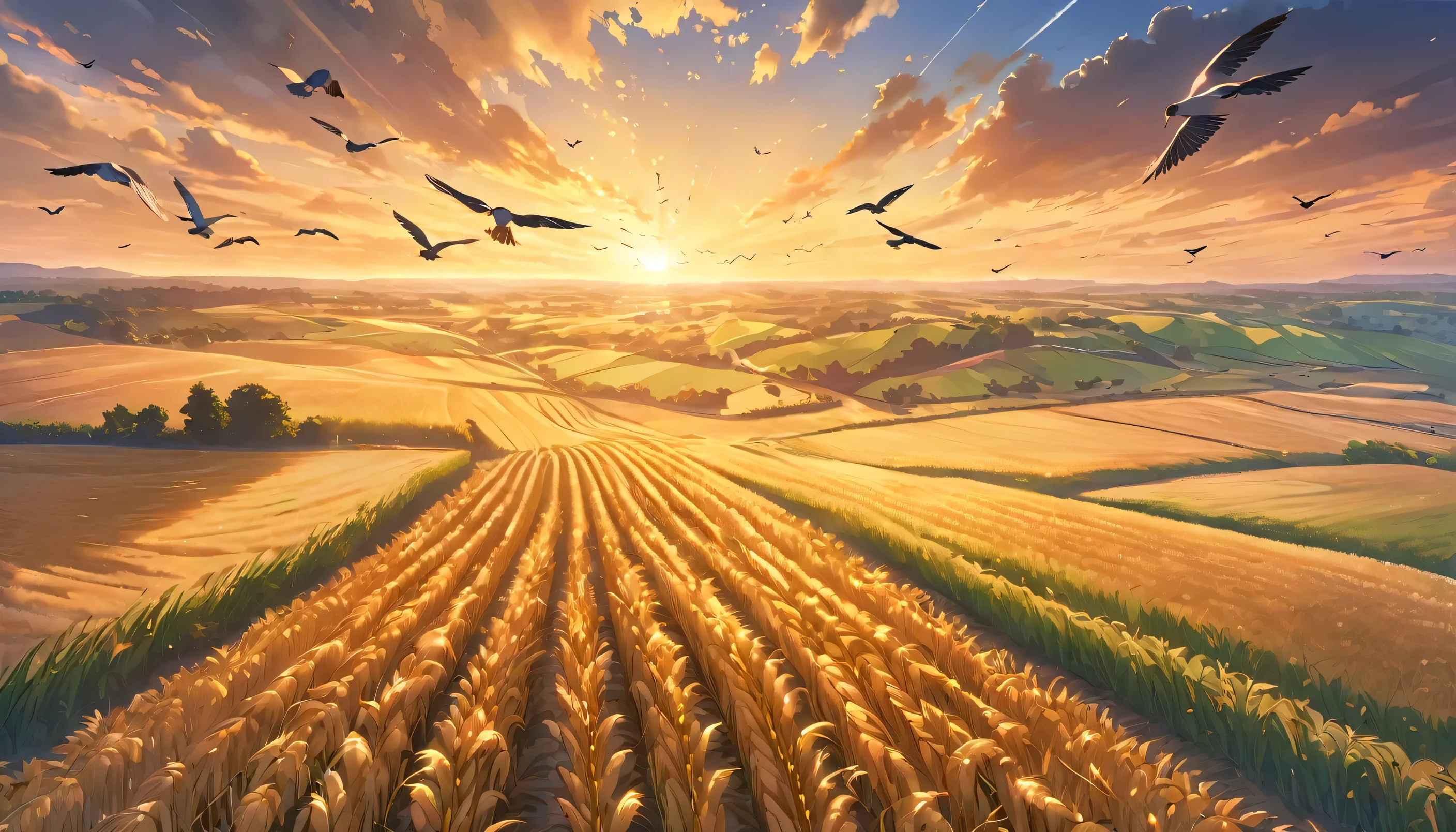 1 flock of migrating birds flying over wheat field, bird's eye view, anime style, detailed feathers, dynamic wing movements, golden hour lighting, ethereal atmosphere, vibrant colors, serene landscape, atmospheric depth, photorealistic, masterpiece, 8k