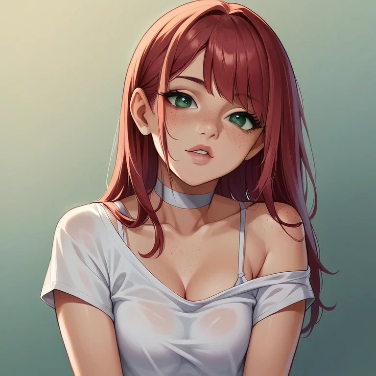 score_9,score_8_up,score_7_up,score_6_up,score_5_up,score_4_up, 14歳, straight chest 1 girl, 14 years old, teenager, pretty girl, red hair, loose hair on her shoulders, hair with bangs, pretty nose. seductive lip, seductive innocent look, white choker, pink lips, freckles, green eyes, horny face, wearing a spaghetti strap t-shirt.